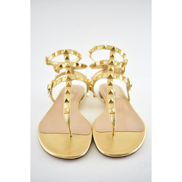 Valentino Rockstud KM5 Gold Leather Triple Ankle Strap Gladiator Flat Sandal 36 - Picture 5 of 10